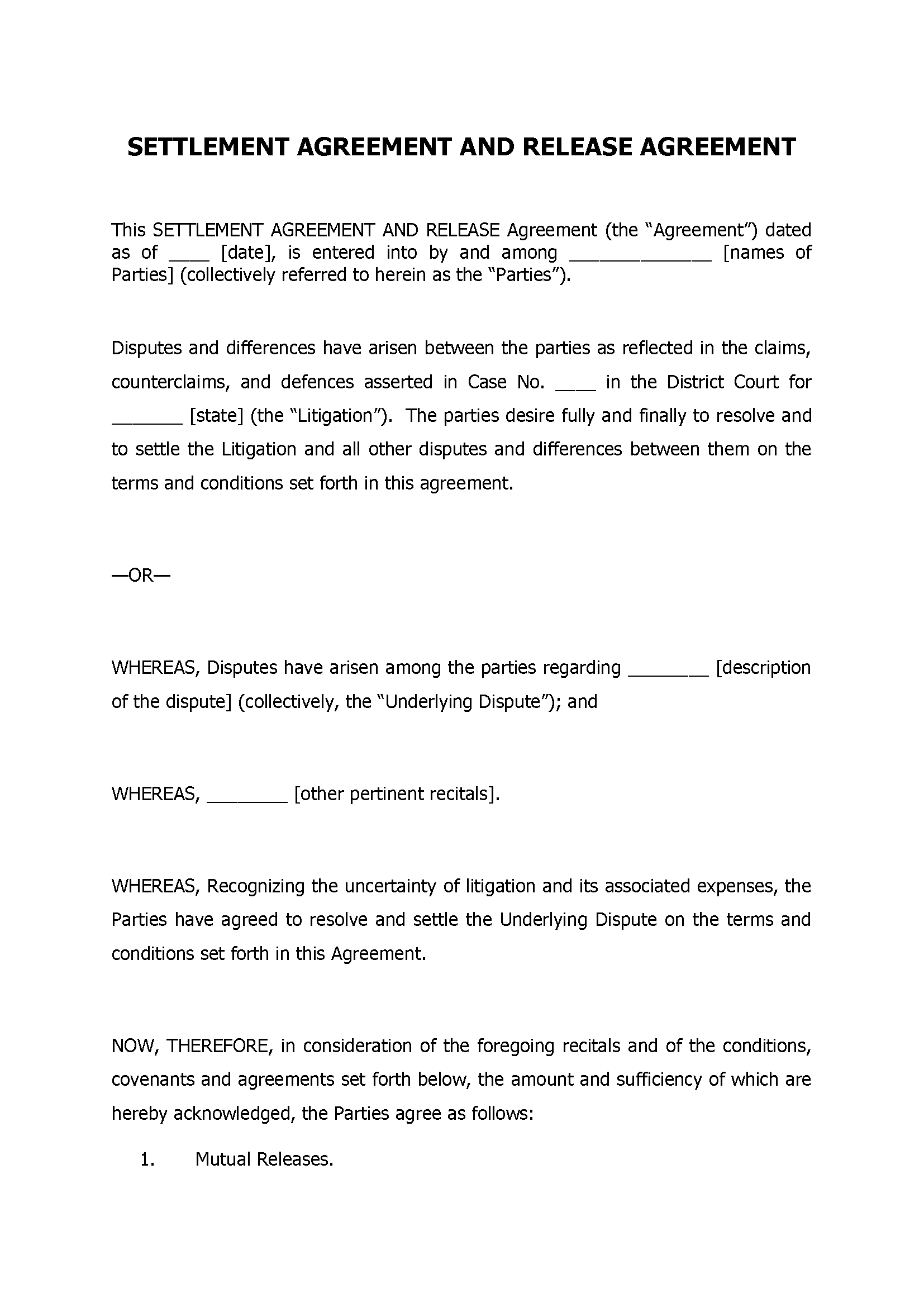 Settlement Agreement And Release Agreement